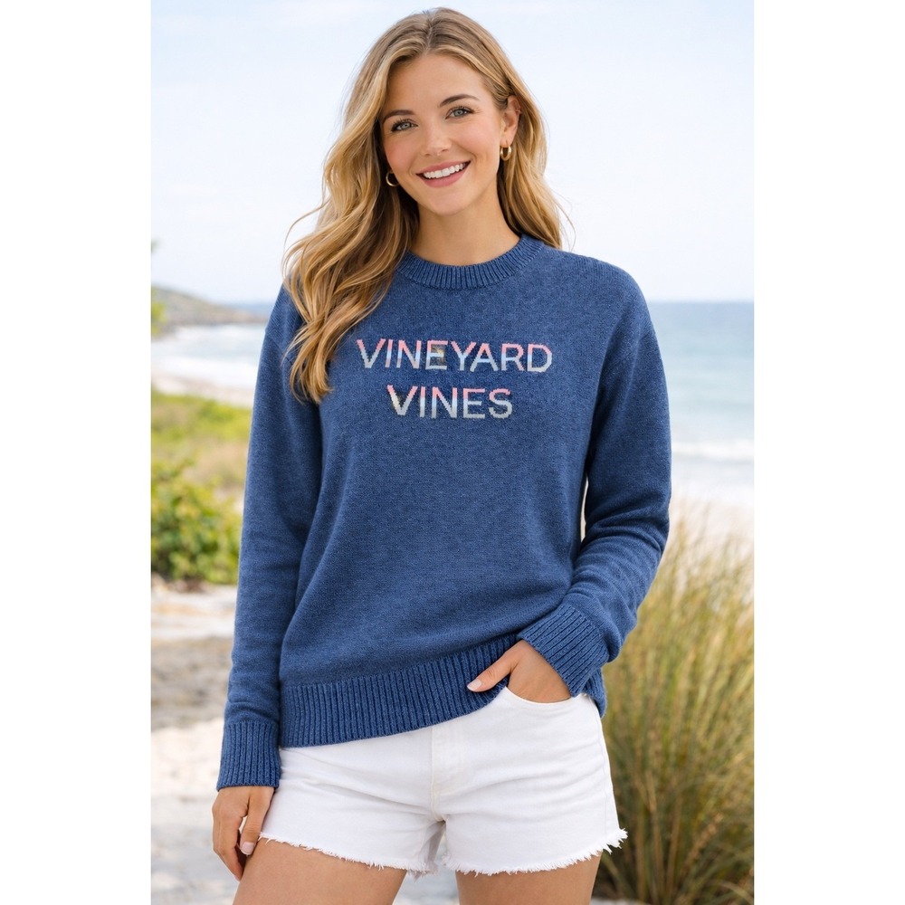 Vineyard Vines Logo Knit Crewneck Sweater Size Small, Blue - Picture 1 of 11